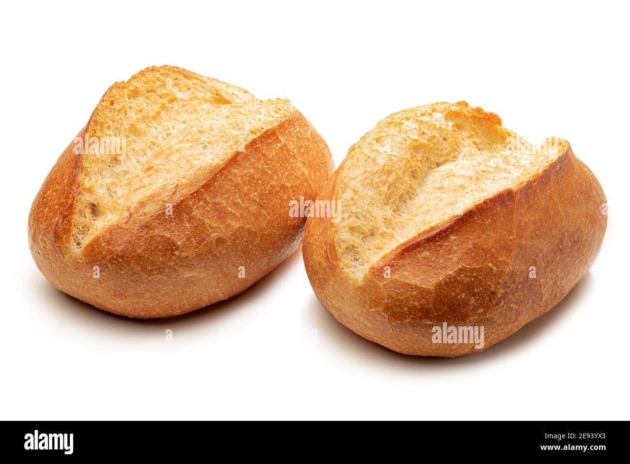 Zwei knusprige Brötchen isoliert vor weißem Hintergrund Stockfoto