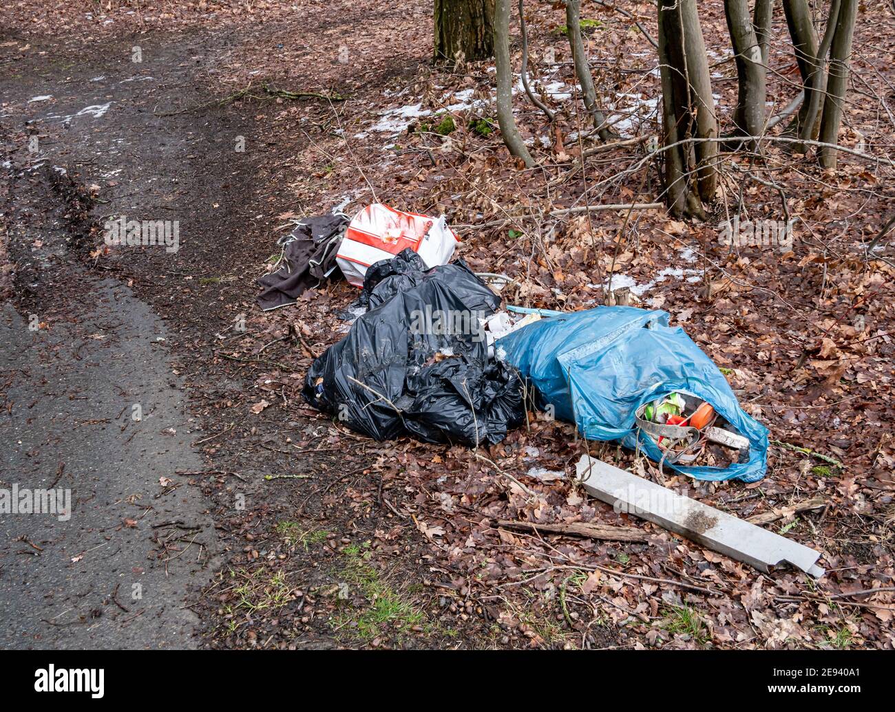 Illegale Müllhalde am Waldrand Stockfoto