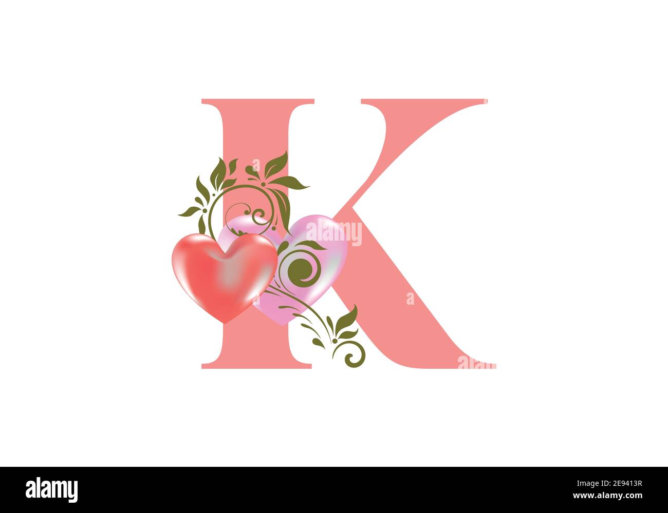 Florales Alphabet, Buchstabe K mit zwei Herzen. Monogramm Initialen für Hochzeitseinladungen, Grußkarte etc. Valentinstag Konzept Stock Vektor