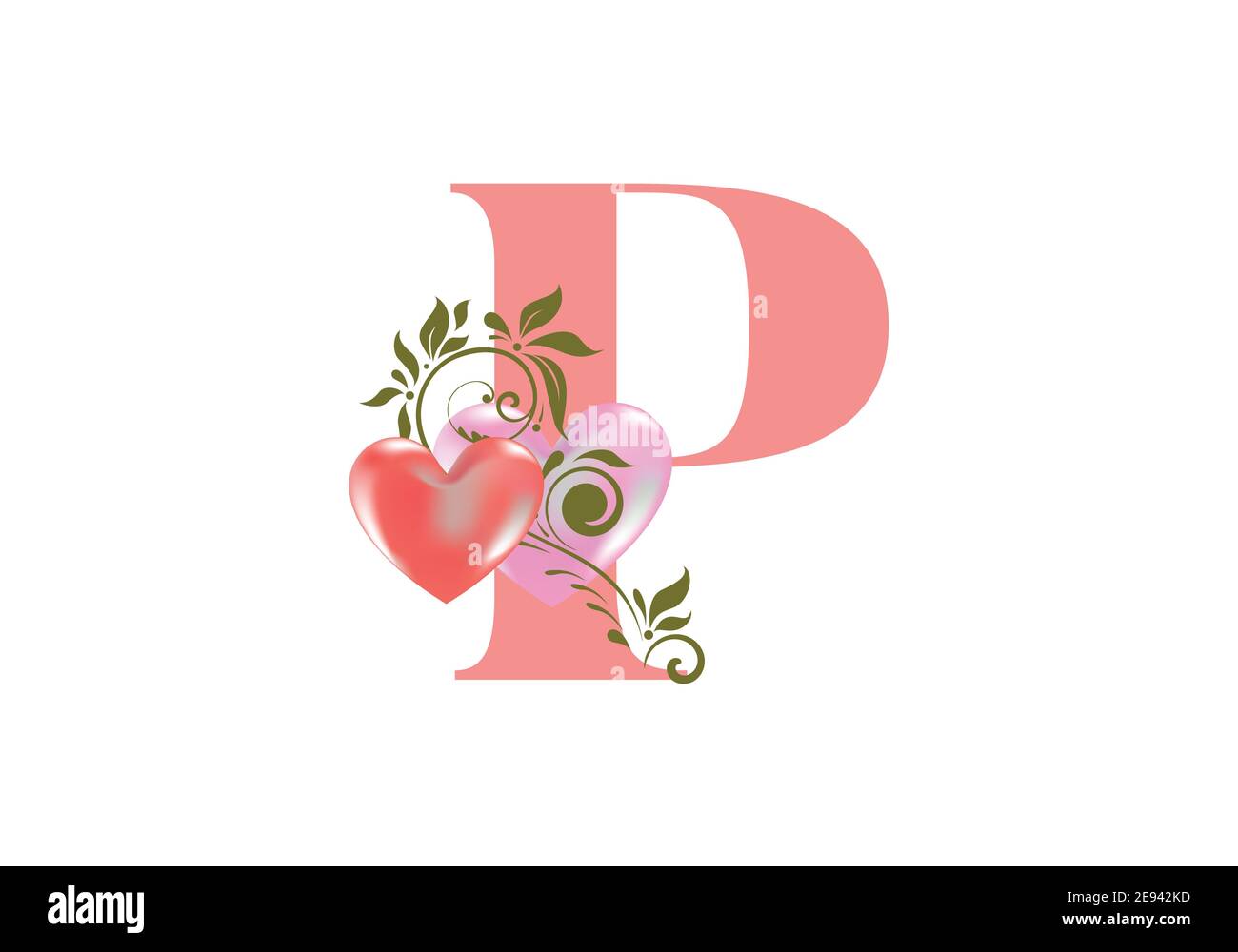Florales Alphabet, Buchstabe P mit zwei Herzen. Monogramm Initialen für Hochzeitseinladungen, Grußkarte etc. Valentinstag Konzept Stock Vektor