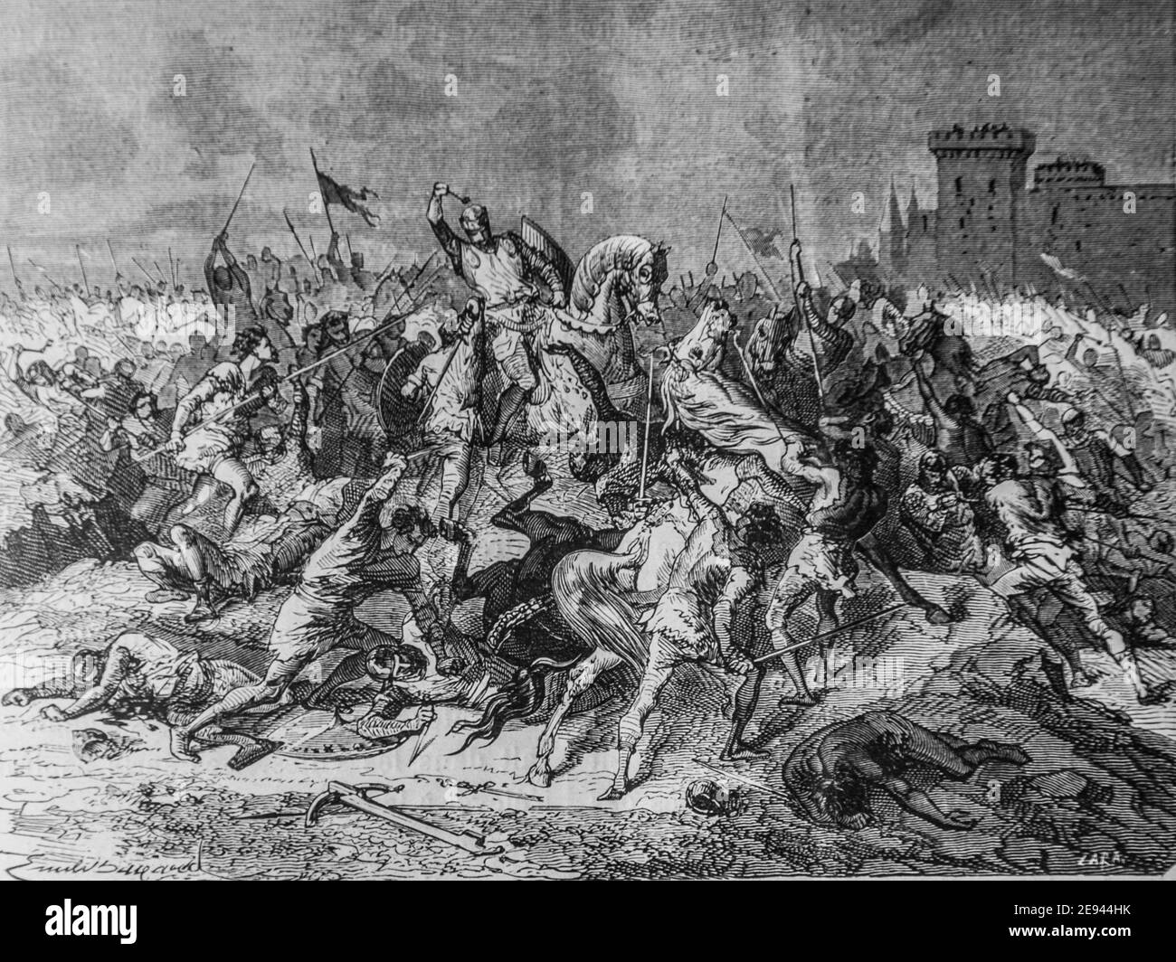les paysans de la commune du laonnais combattant contre les noble 1172-1180s, histoire populaire de france par henri martin,editeur furne 1860 Stockfoto