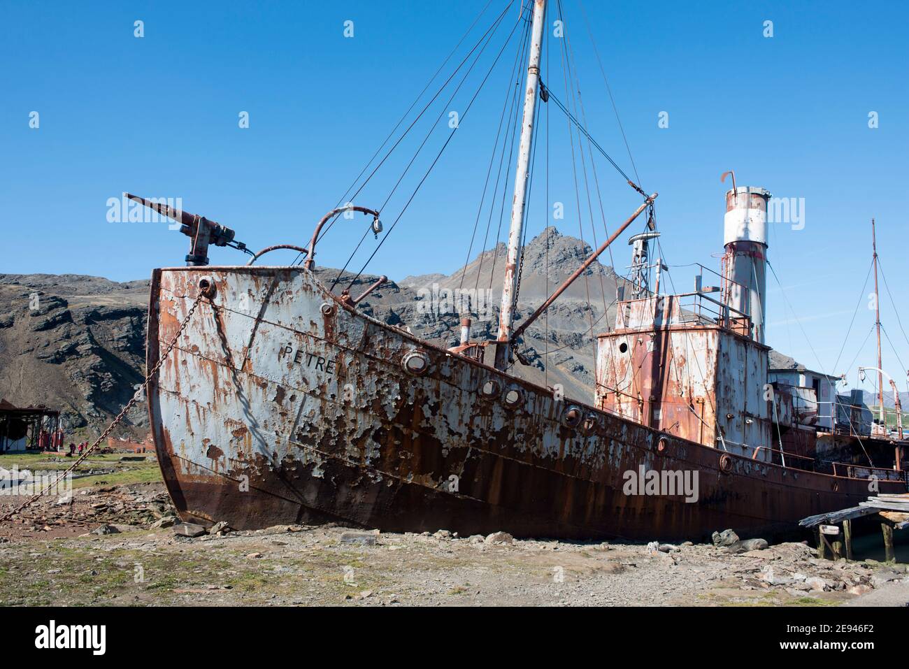 Geladene Harpune Pistole auf den Walfänger Petrel rosten auf Das Ufer des Grytviken Hafen Südgeorgien Stockfoto