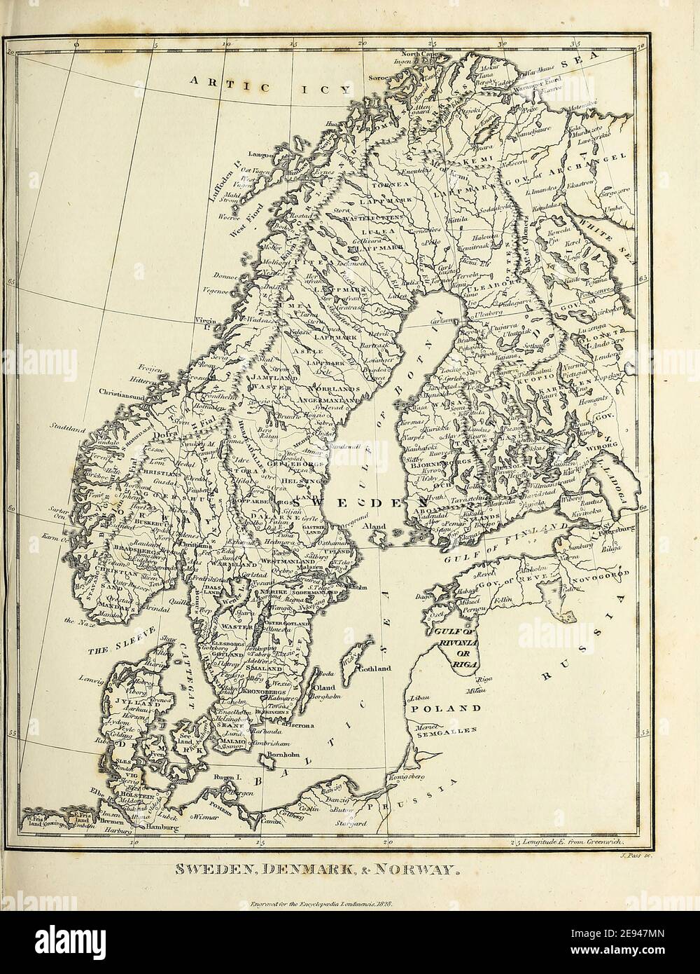 Alte Karte Skandinaviens mit Schweden, Dänemark und Norwegen Kupferstich aus der Encyclopaedia Londinensis OR, Universal Dictionary of Arts, Sciences, and literature; Band XXIII; herausgegeben von Wilkes, John. Veröffentlicht 1828 in London Stockfoto