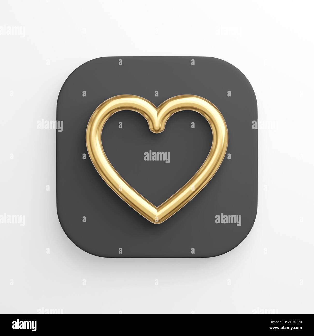 Symbol goldene Herzkonturlinie, schwarzer quadratischer Knopf. 3D Rendern Stockfoto