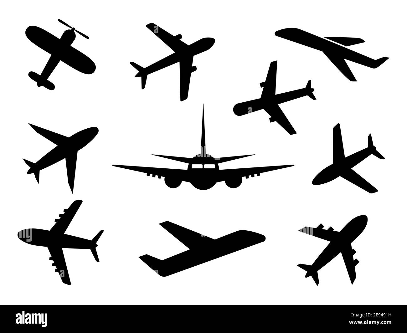 Airplanes Icon Set. Ebene schwarze Umrisssammlung isoliert. Vektor-Illustration des Reisesymbols isoliert auf Weiß. Stock Vektor
