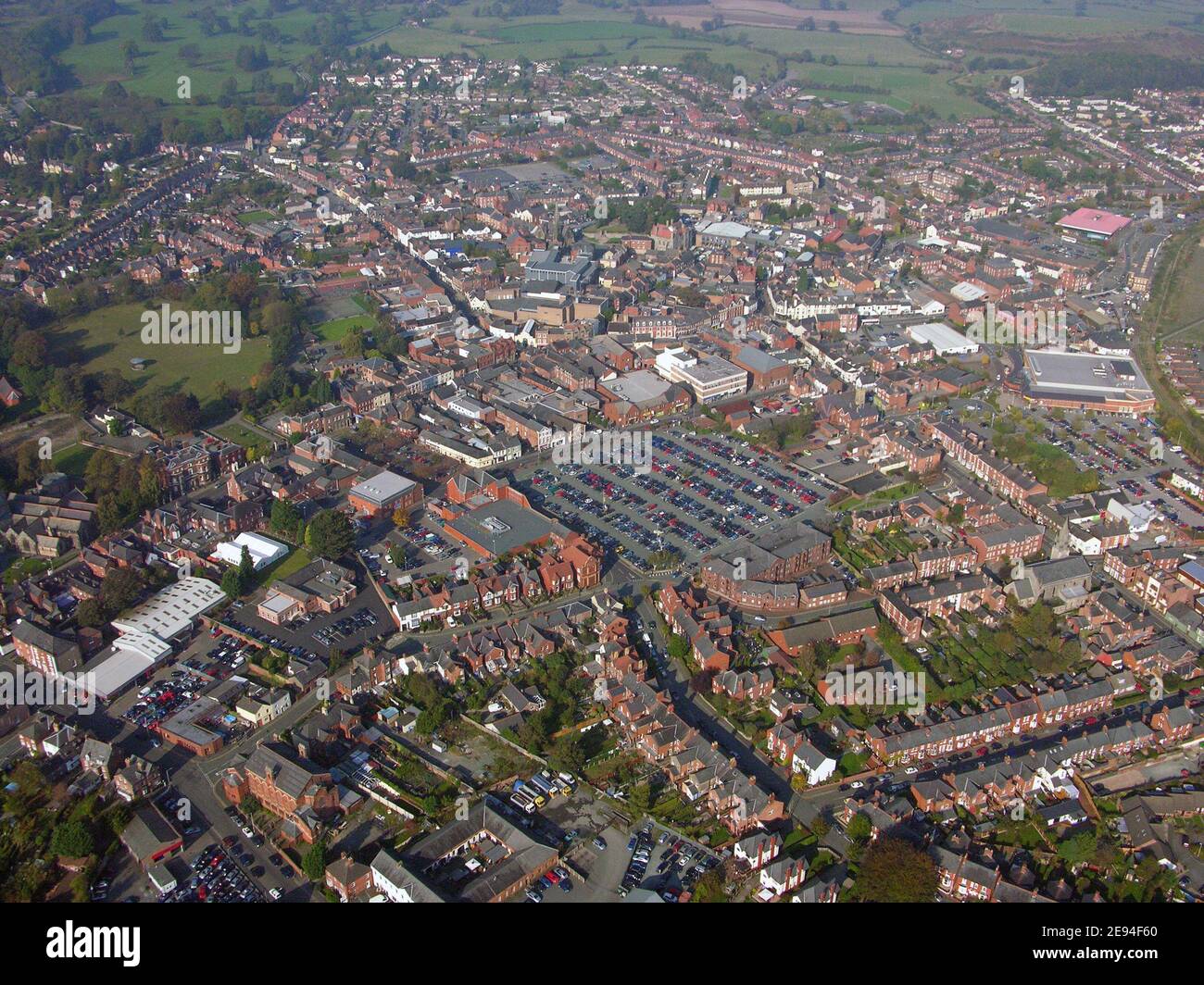 Luftaufnahme von Oswestry, einer Marktstadt in Shropshire, Großbritannien Stockfoto