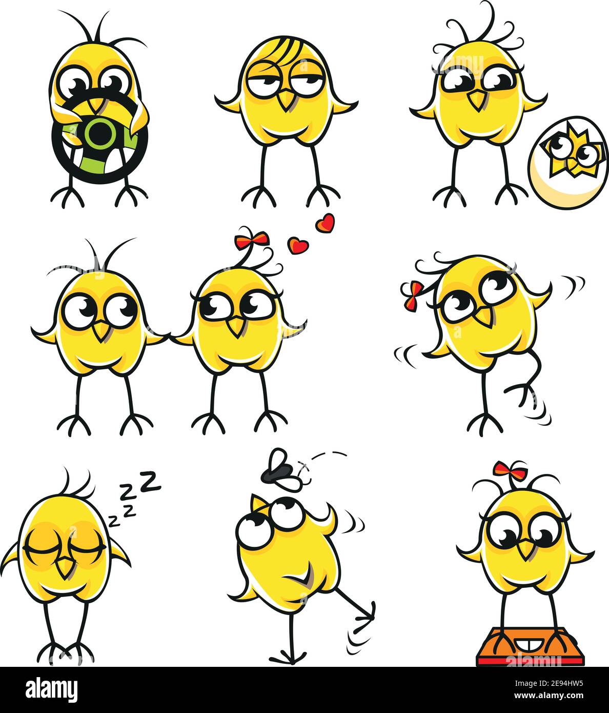 Lustige Hühner einzeln gruppiert. Stock Vektor
