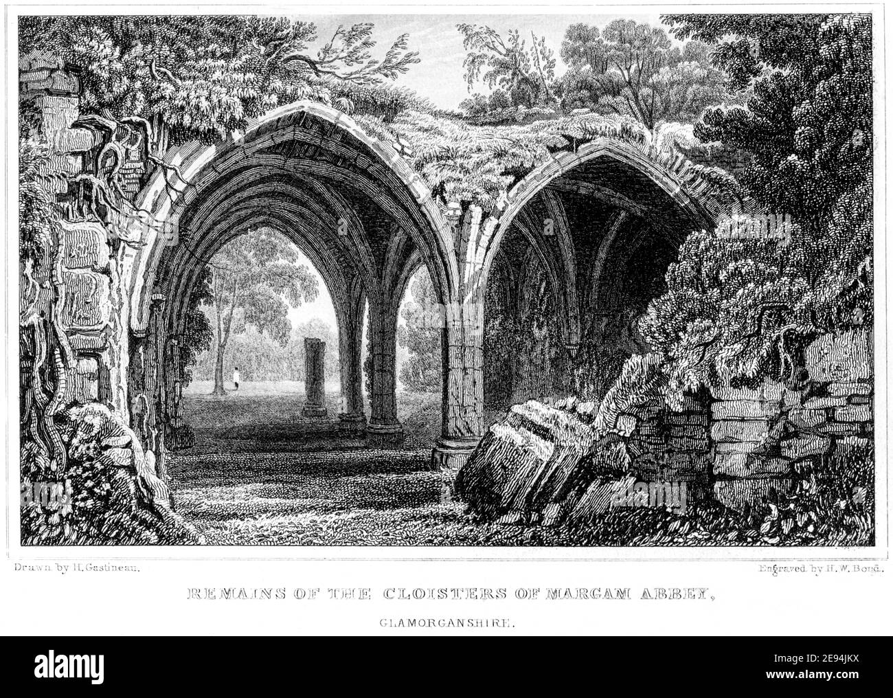Ein Stich der Überreste der Klöster von Margam Abbey, Glamorganshire, gescannt in hoher Auflösung aus einem Buch im Jahr 1854 veröffentlicht. Stockfoto