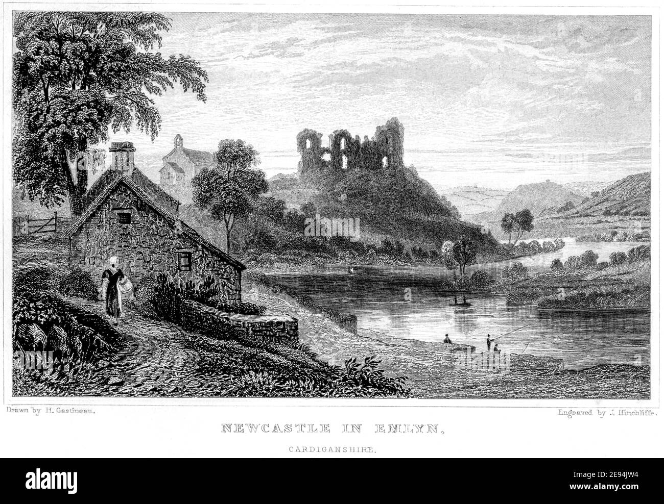 Ein Stich von Newcastle in Emlyn, Cardiganshire, gescannt in hoher Auflösung von einem Buch im Jahr 1854 veröffentlicht. Für urheberrechtlich frei gehalten. Stockfoto