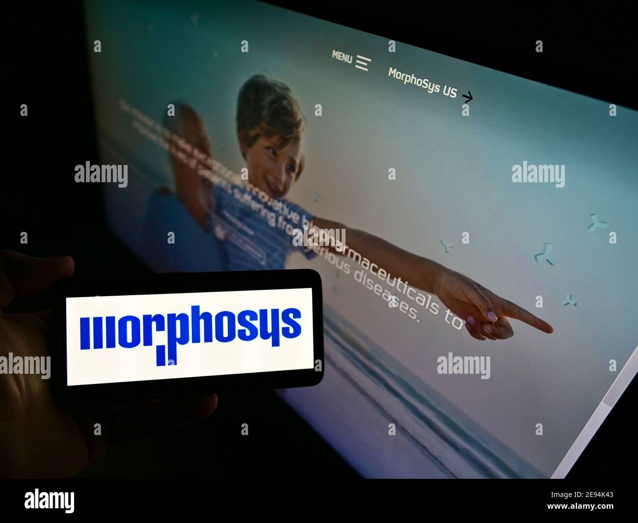 Person mit Smartphone mit Firmenlogo des deutschen Biotechnologieunternehmens MorphoSys AG vor der Website. Fokus auf Handy-Bildschirm. Stockfoto
