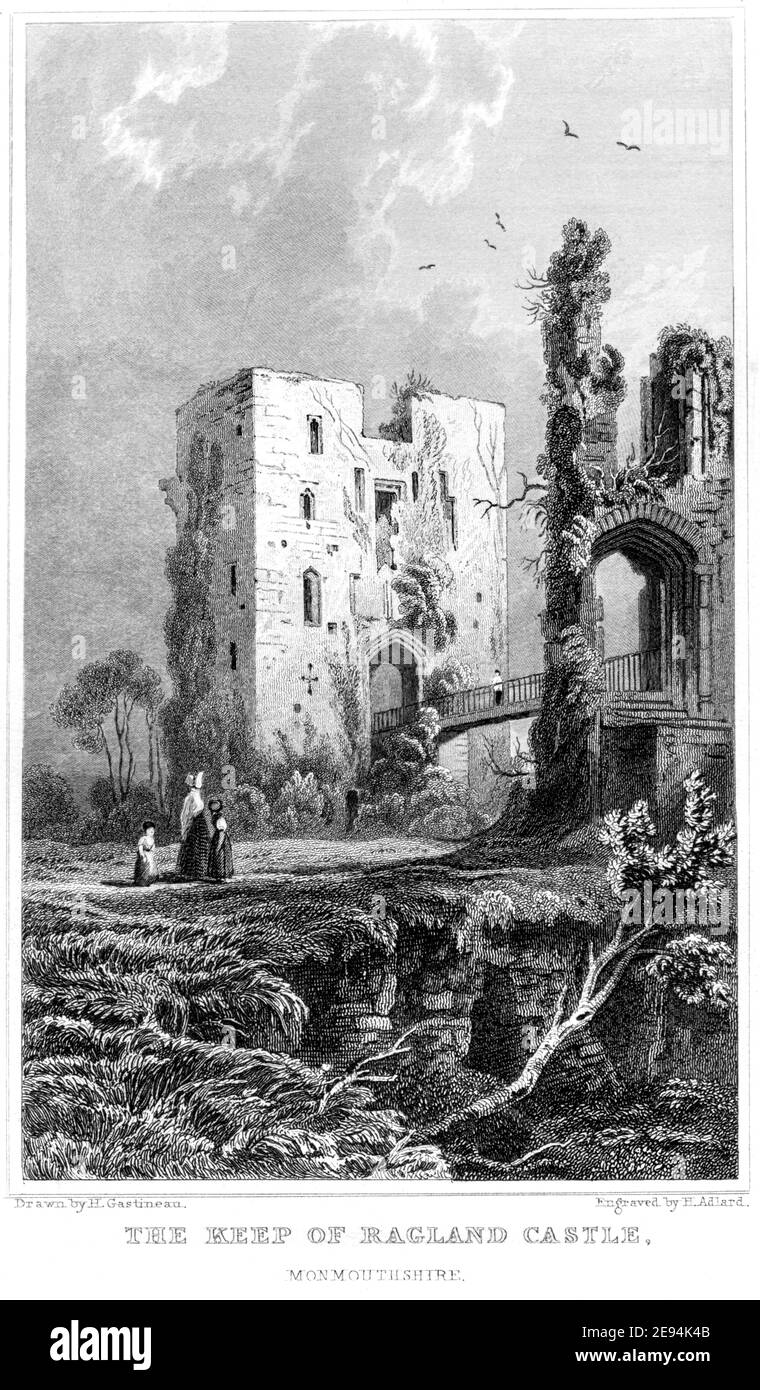 Ein Stich des Schlosses von Ragland (Raglan), Monmouthshire, gescannt mit hoher Auflösung aus einem Buch, das 1854 veröffentlicht wurde. Für urheberrechtlich frei gehalten. Stockfoto