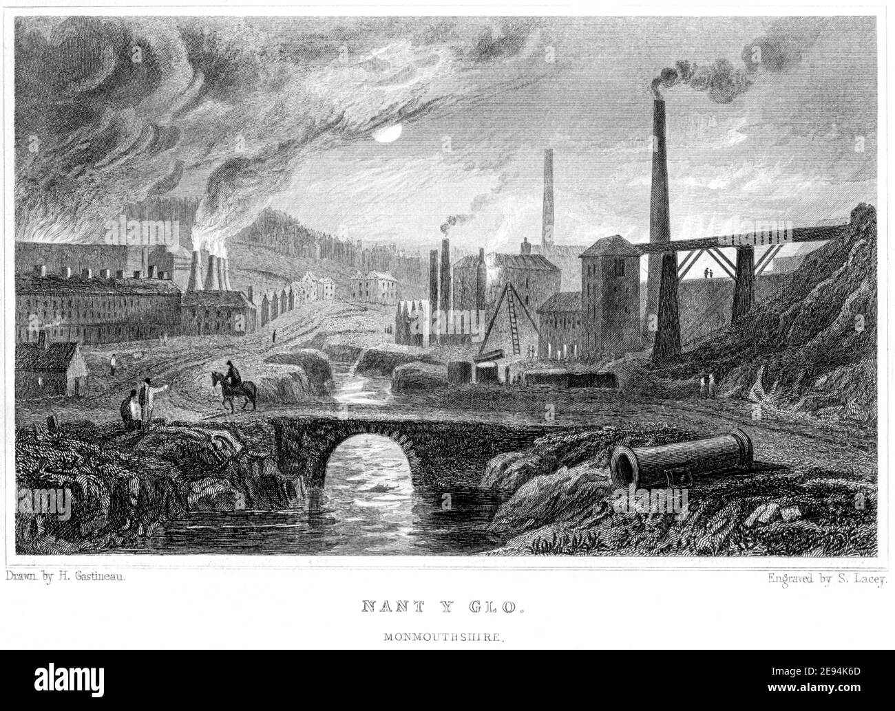 Gravur der Eisenhütte in Nant Y Glo, Monmouthshire, Wales, Großbritannien, gescannt in hoher Auflösung aus einem Buch, das 1854 veröffentlicht wurde. Für urheberrechtlich frei gehalten. Stockfoto
