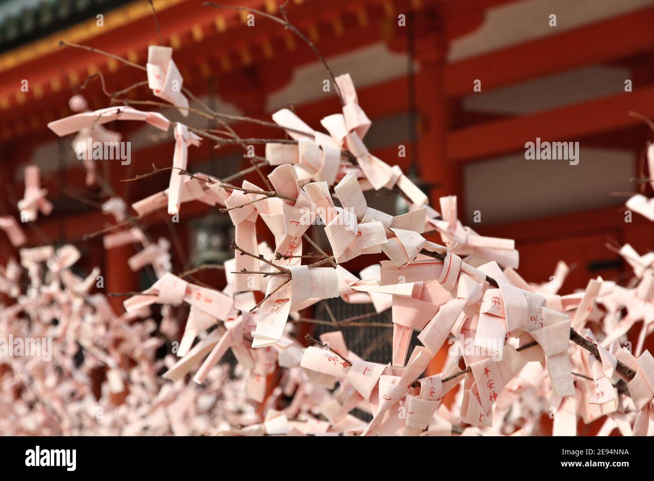 KYOTO, JAPAN - 19. APRIL 2012: Omikuji-Papiergeschwippe an einen Baum im Heian Jingu-Schrein in Kyoto, Japan gebunden. Wie in Japan Tradition, schlechte Vermögen ar Stockfoto