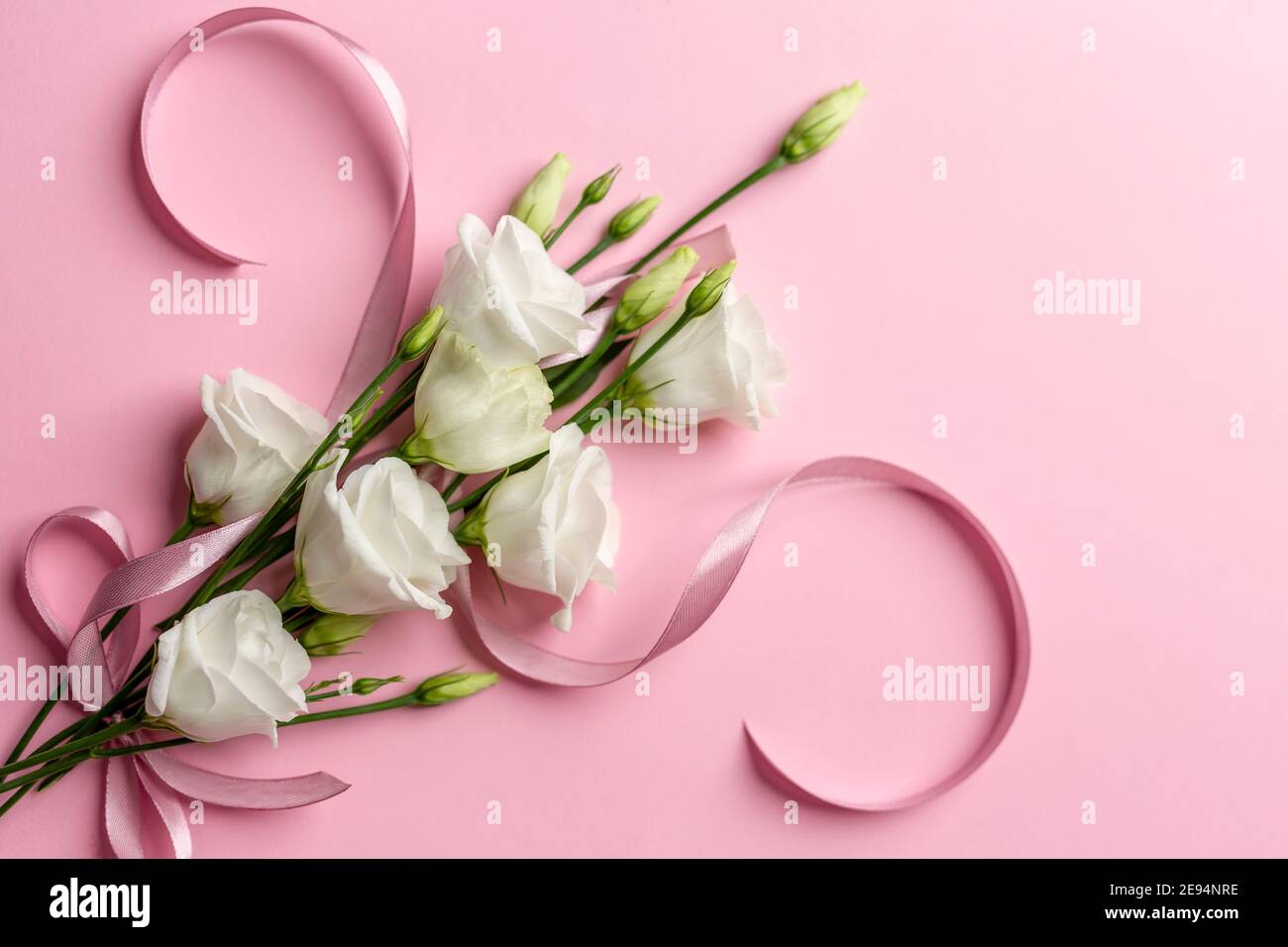 Internationaler Frauentag Konzept aus weißen und rosa Rosen, Band und Perlen auf einem leeren klaren rosa Hintergrund erstellt Stockfoto