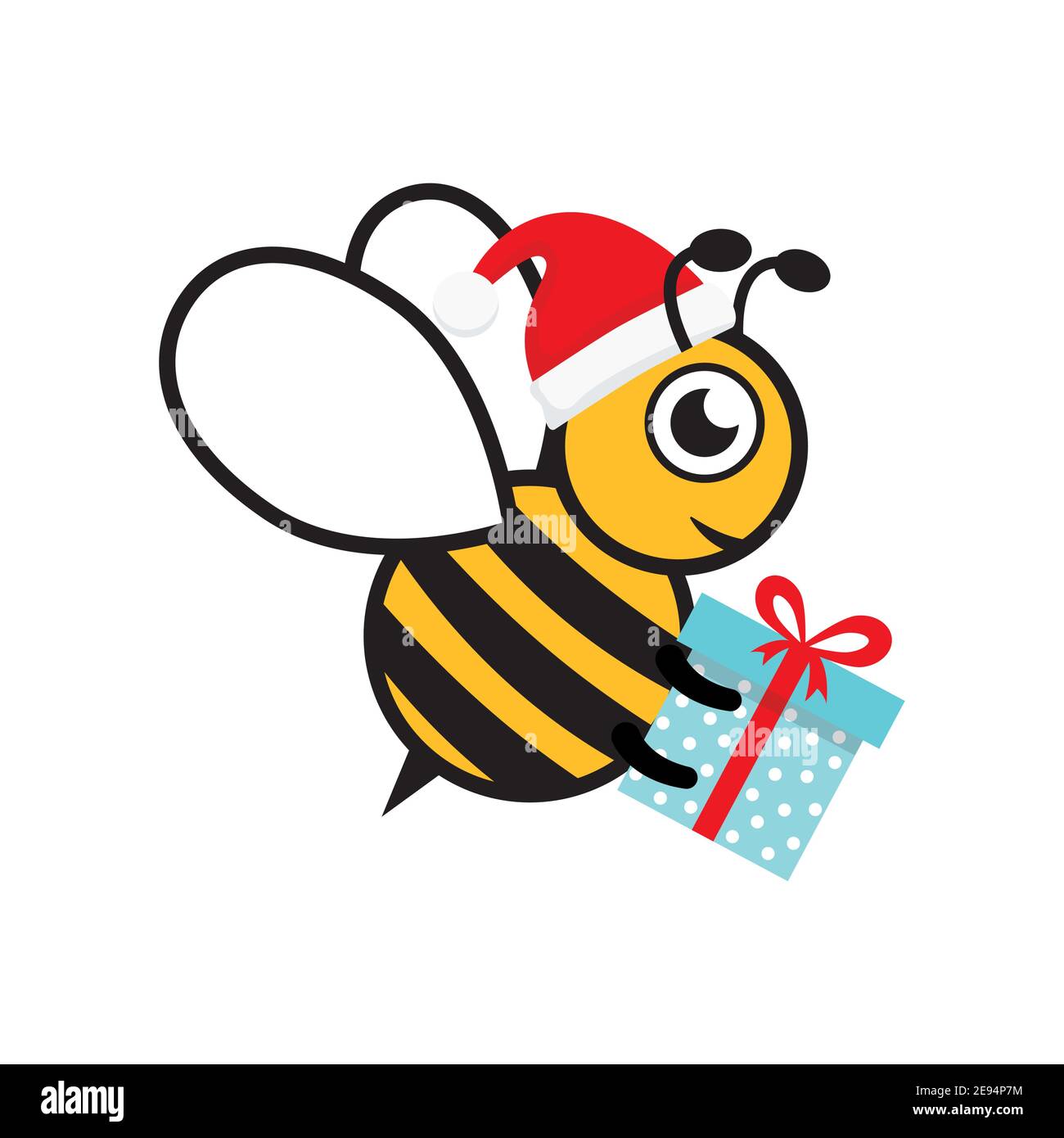 Cartoon Biene Charakter mit Überraschung Illustration. Cute Biene tragen Weihnachtsmann Hut und Geschenk-Box Vektor isoliert auf weiß. Konzept für frohe Weihnachten. Stock Vektor
