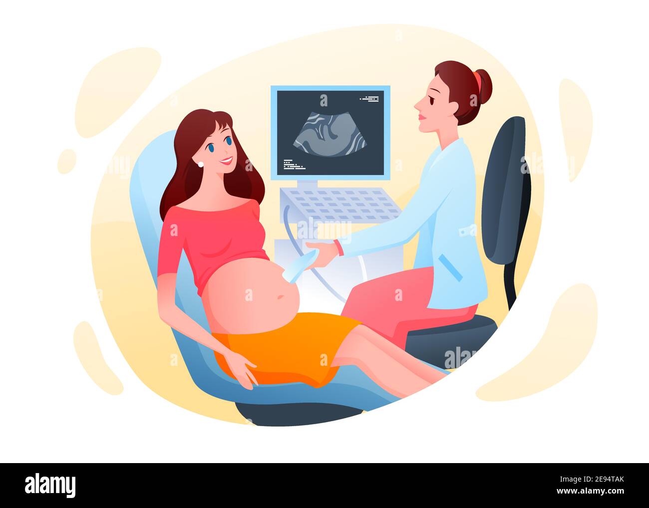 Medizinische Ultraschalluntersuchung, junge schwangere Frau auf geburtshilfliche Krankenhaus Verfahren Stock Vektor