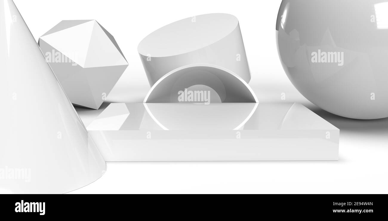 3D gerenderte geometrische weiße glänzende Formen rund um eine Plattform entworfen. Abstrakte Skulpturen in minimalistischer Komposition. Visualisierung des Grafikdesigns Stockfoto