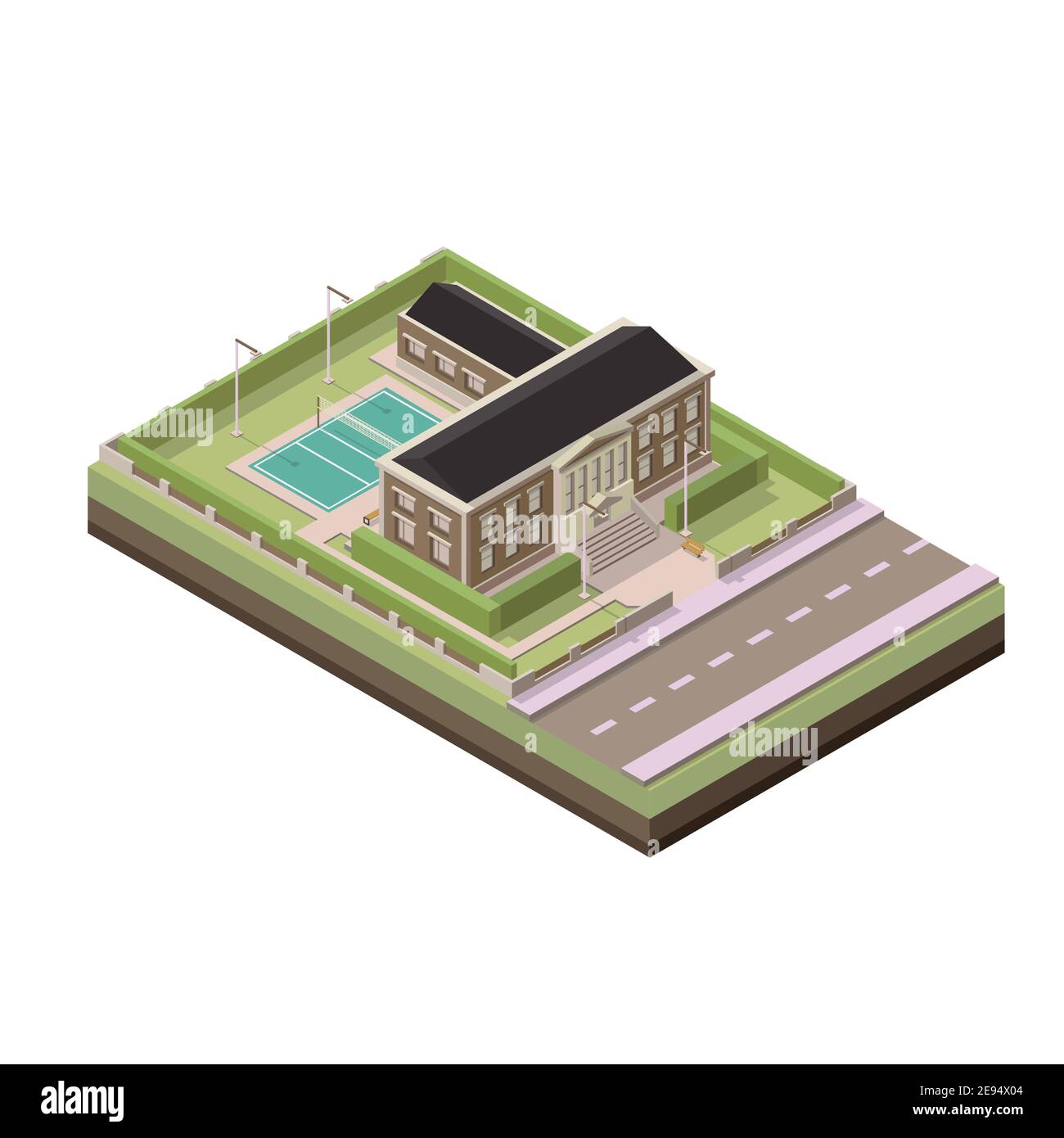 Isometrische Schule. Isometrische Vektordarstellung. Vektor isometrisches Element, das Schule oder Universität oder Akademie mit Volleyballplatz auf dem sc Stock Vektor