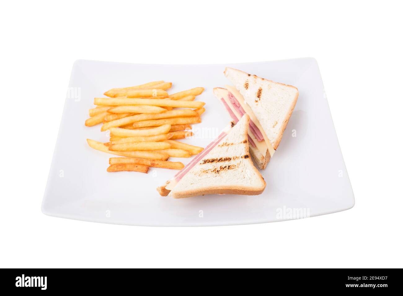 Frühstück mit dem Sandwich und französisch gebraten. Es ist in einem weißen Hintergrund isoliert. Stockfoto