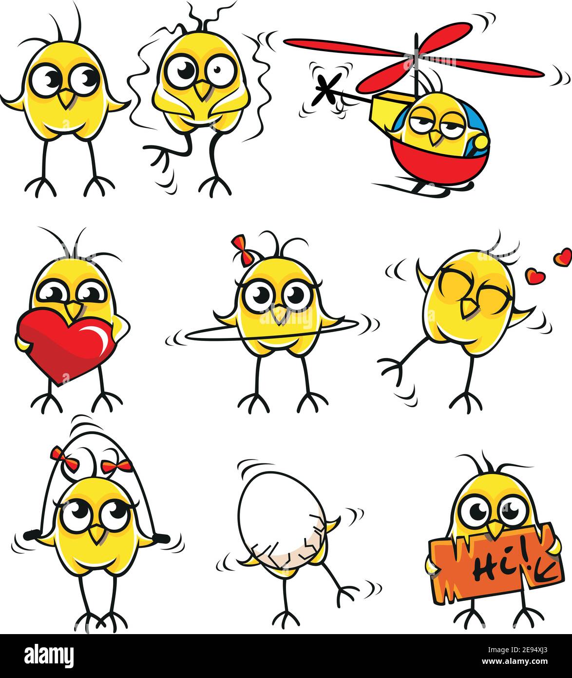 Lustige gelbe Hühner einzeln gruppiert. Stock Vektor