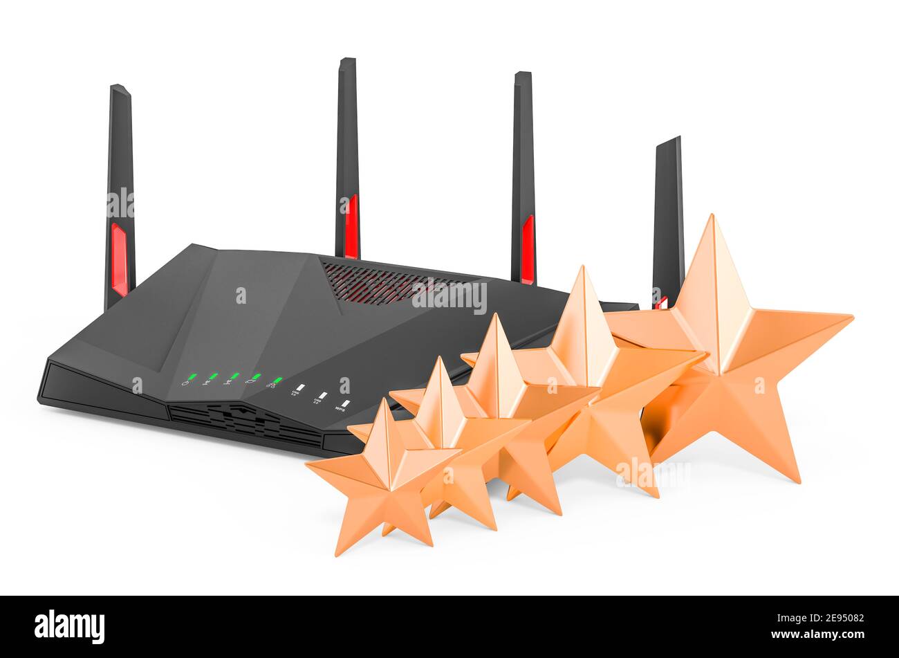 Kundenbewertung des 6G wi-Fi Routers. 3D Rendering isoliert auf weißem Hintergrund Stockfoto