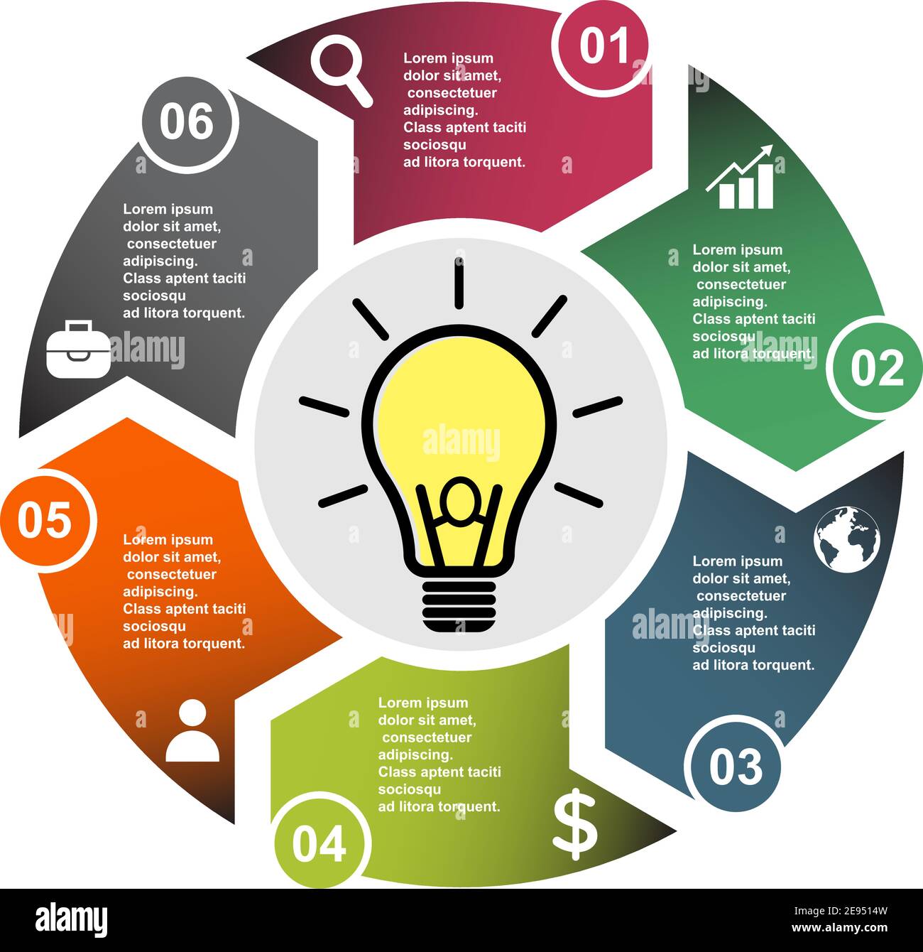 6-stufiges Vektorelement in sechs Farben mit Beschriftungen, Infografik-Diagramm. Geschäftskonzept von 6 Schritten oder Optionen mit Glühbirne . Stock Vektor