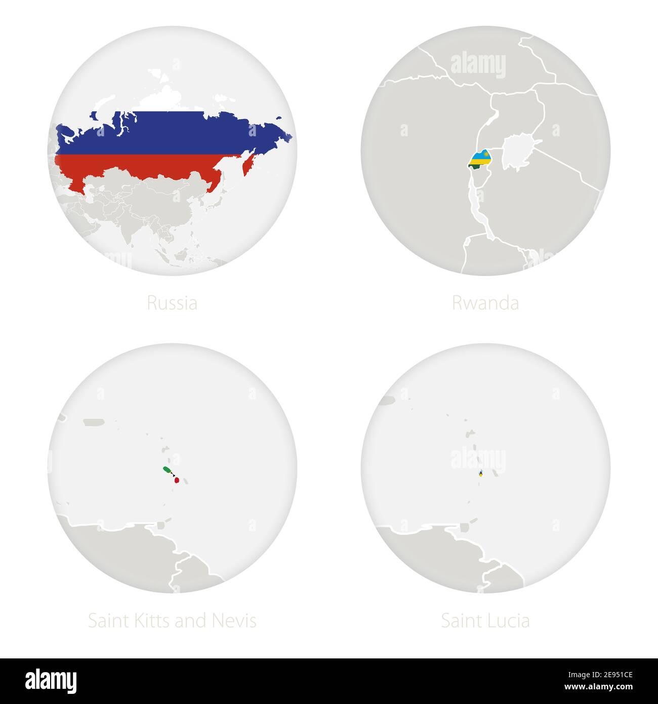 Russland, Ruanda, St. Kitts und Nevis, St. Lucia Karte Kontur und Nationalflagge in einem Kreis. Vektorgrafik. Stock Vektor