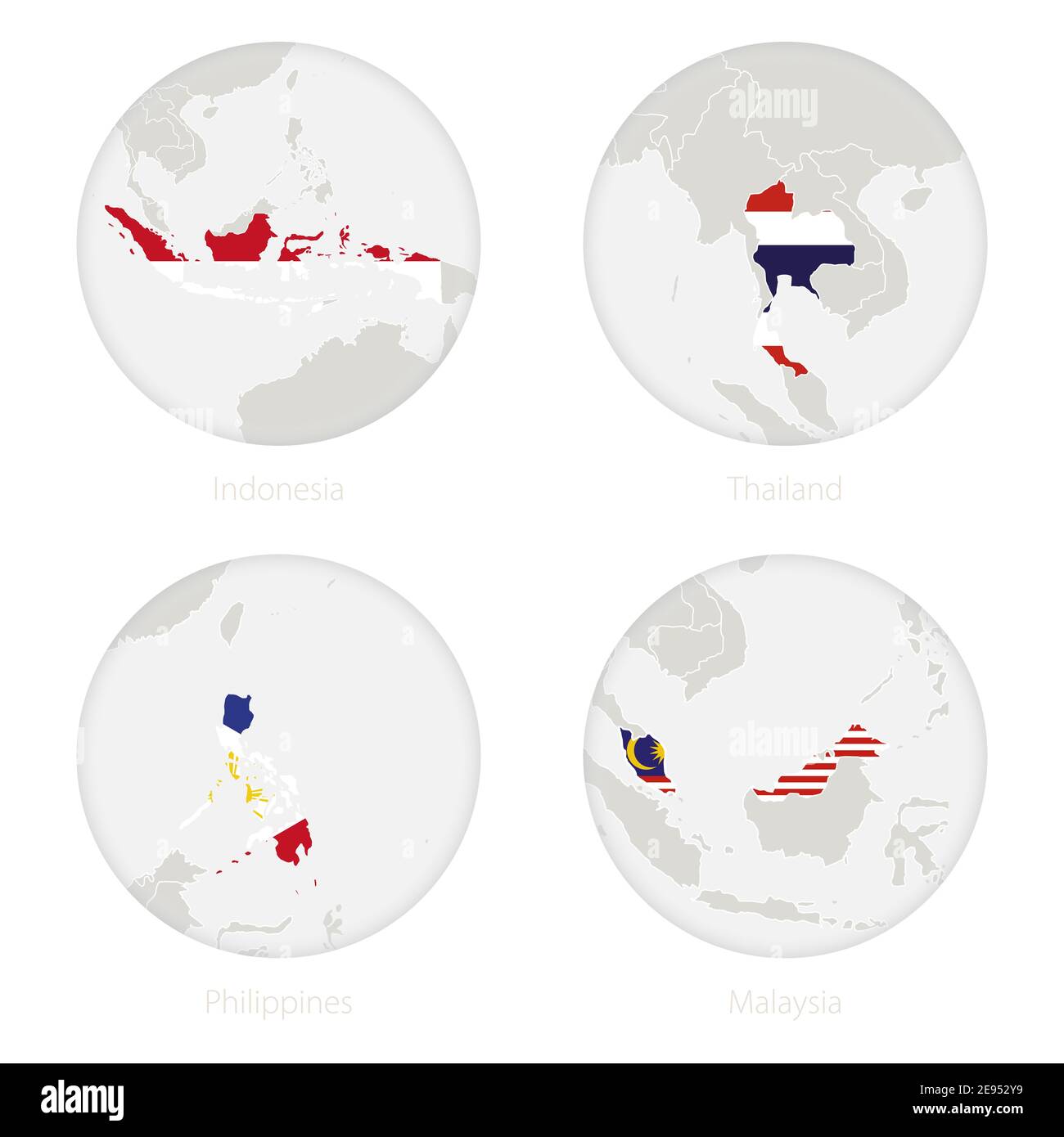 Indonesien, Thailand, Philippinen, Malaysia Kartenkontur und Nationalflagge im Kreis. Vektorgrafik. Stock Vektor