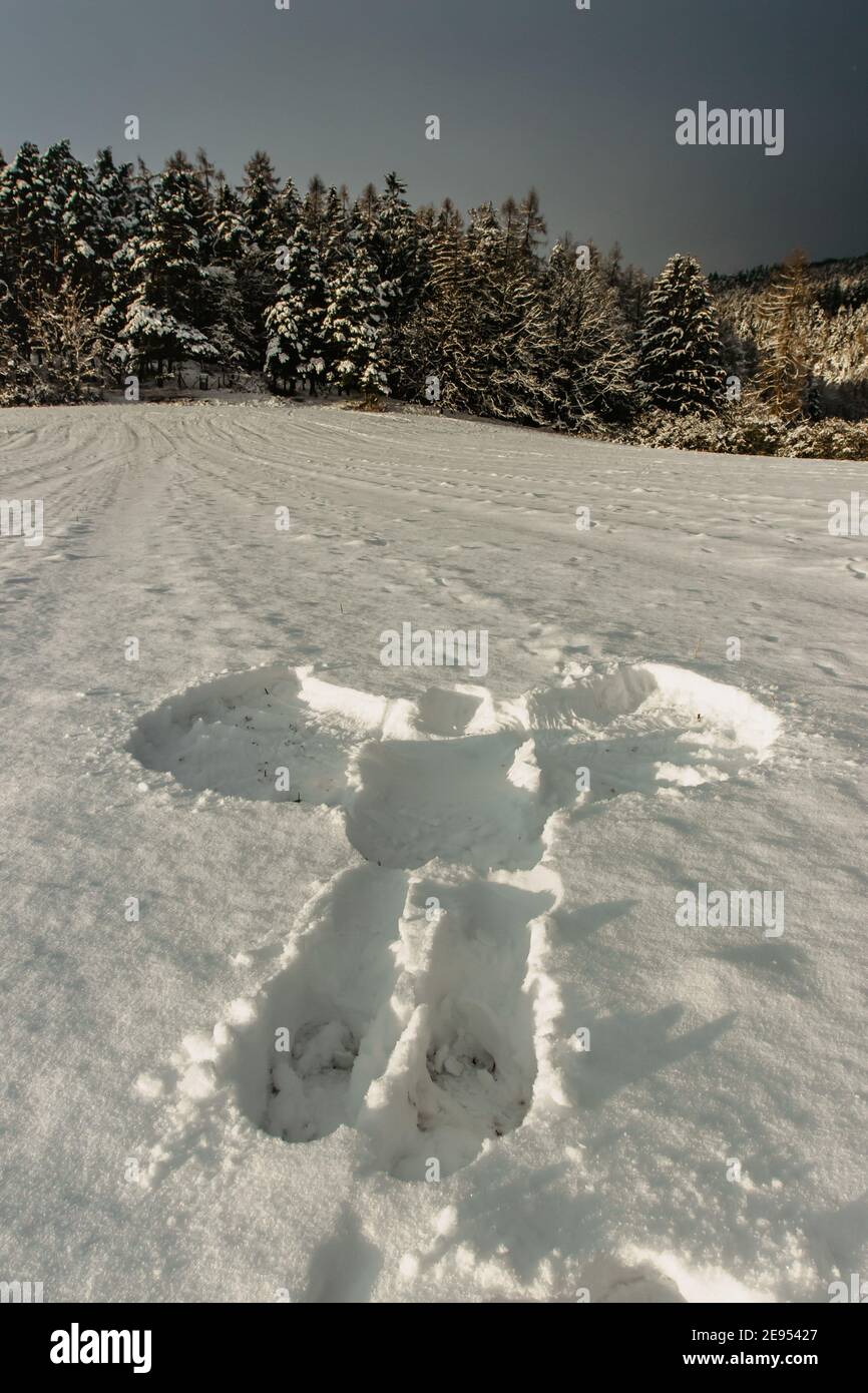 Schneeengel im Neuschnee. Spur vom menschlichen erwachsenen Körper in der Winterlandschaft.Druck von Körperkopie Raum.Tatort in der Natur, Form von Körperschnee Stockfoto