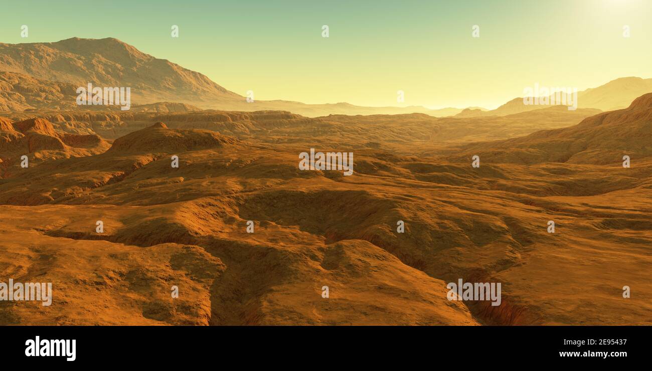 Kalte Wüste auf dem Mars. Marslandschaft, 3d-Rendering Stockfoto