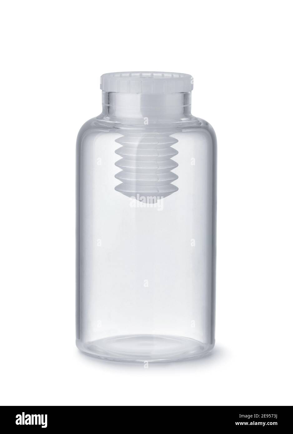 Vorderansicht der leeren Klarglas medizinische Pillen Flasche isoliert Auf Weiß Stockfoto