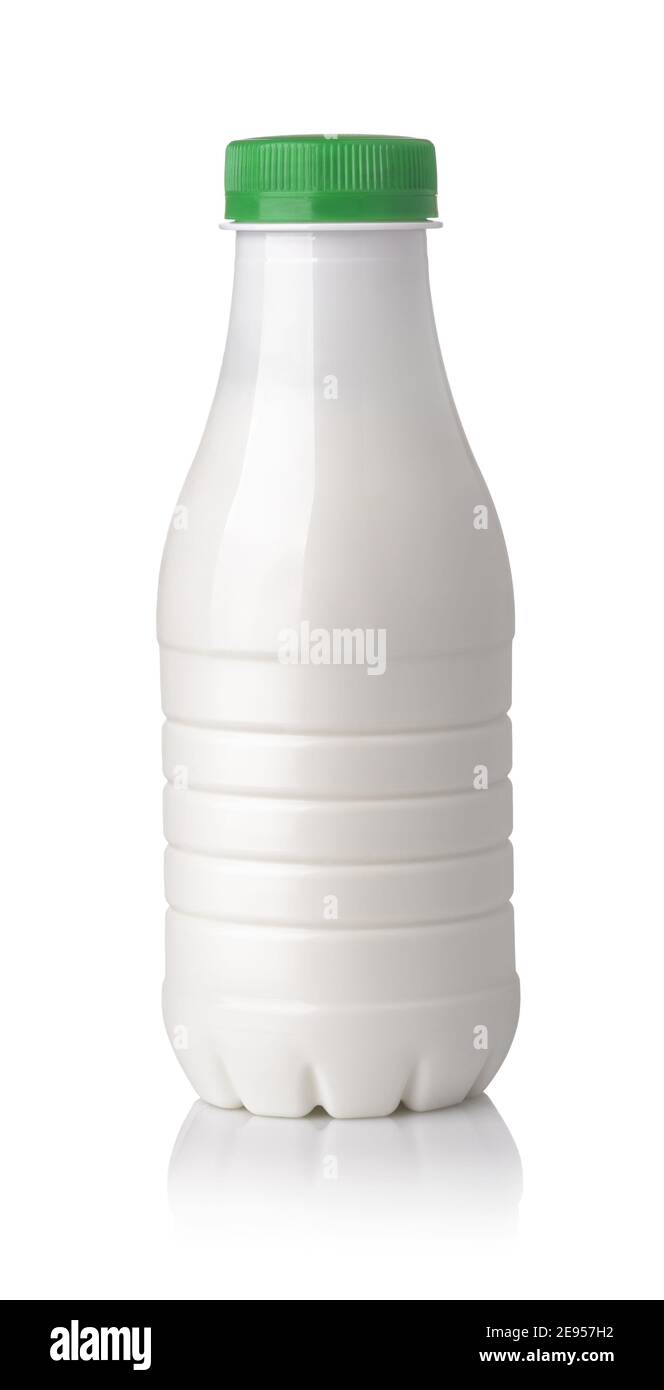 Vorderansicht einer kleinen Milchflasche aus Kunststoff isoliert auf Weiß Stockfoto