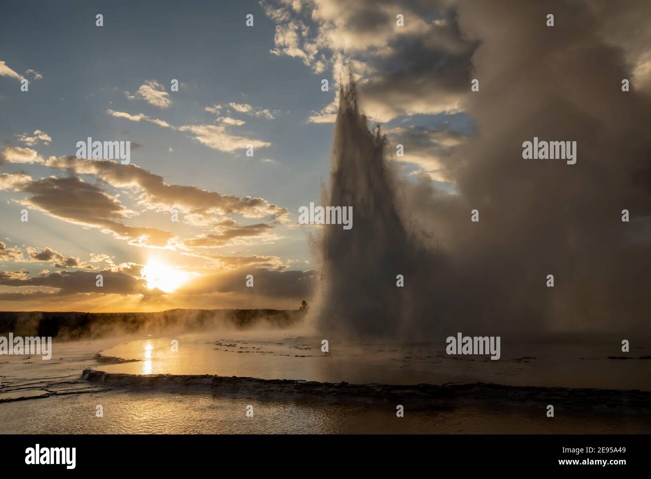 Großer Geysir für Wasserspiele bei Sonnenuntergang im Yellowstone-Nationalpark Stockfoto