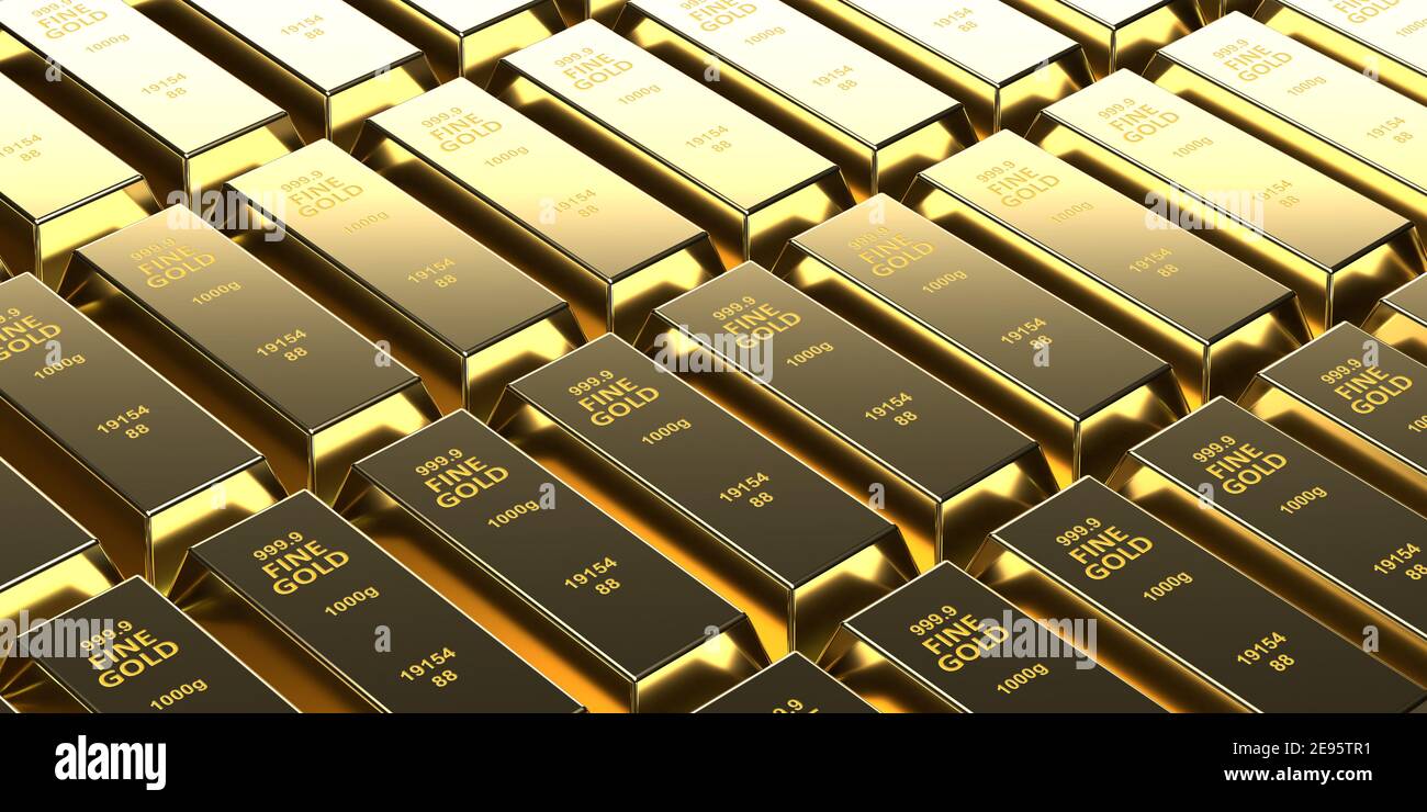 Investment, Banking und Business-Konzept: 3D Rendering Gold Bars auf Backsteinwand Hintergrund. Viele glänzende Barren. Schatzblöcke für Reichtum und Investitionen Stockfoto