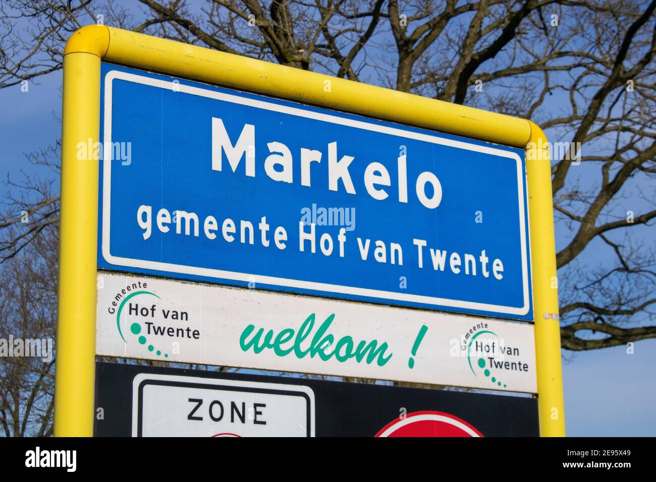 Ortsname Zeichen von Markelo, Stadt in Hof van Twente, Overijssel, Holland Stockfoto