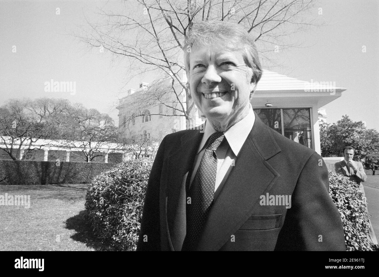 US-Präsident Jimmy Carter, Halblanges Porträt im Weißen Haus, Washington, D.C., USA, Marion S. Trikosko, 8. März 1977 Stockfoto
