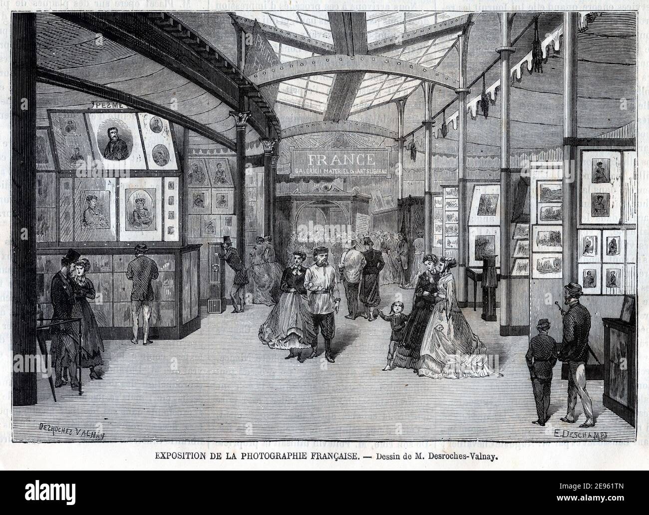 Gravur mit dem Titel „Exposition de la Photographie Francaise“. 1867. Die Gravur zeigt eine Ausstellung französischer Fotografie auf der Internationalen Ausstellung von 1867. Zeichnung von Jacques Desroches-Valnay. Stockfoto