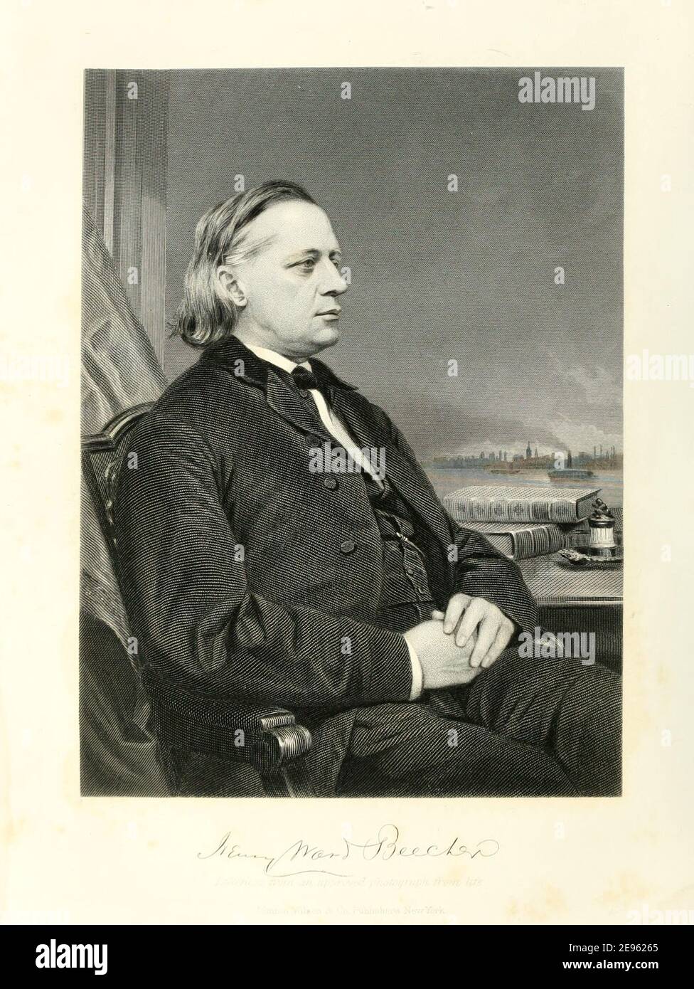 Eingraviertes Porträt nach einer Fotografie des amerikanischen Geistlichen und Abolitionisten Henry ward Beecher (1813 - 1887), 1874. Stockfoto