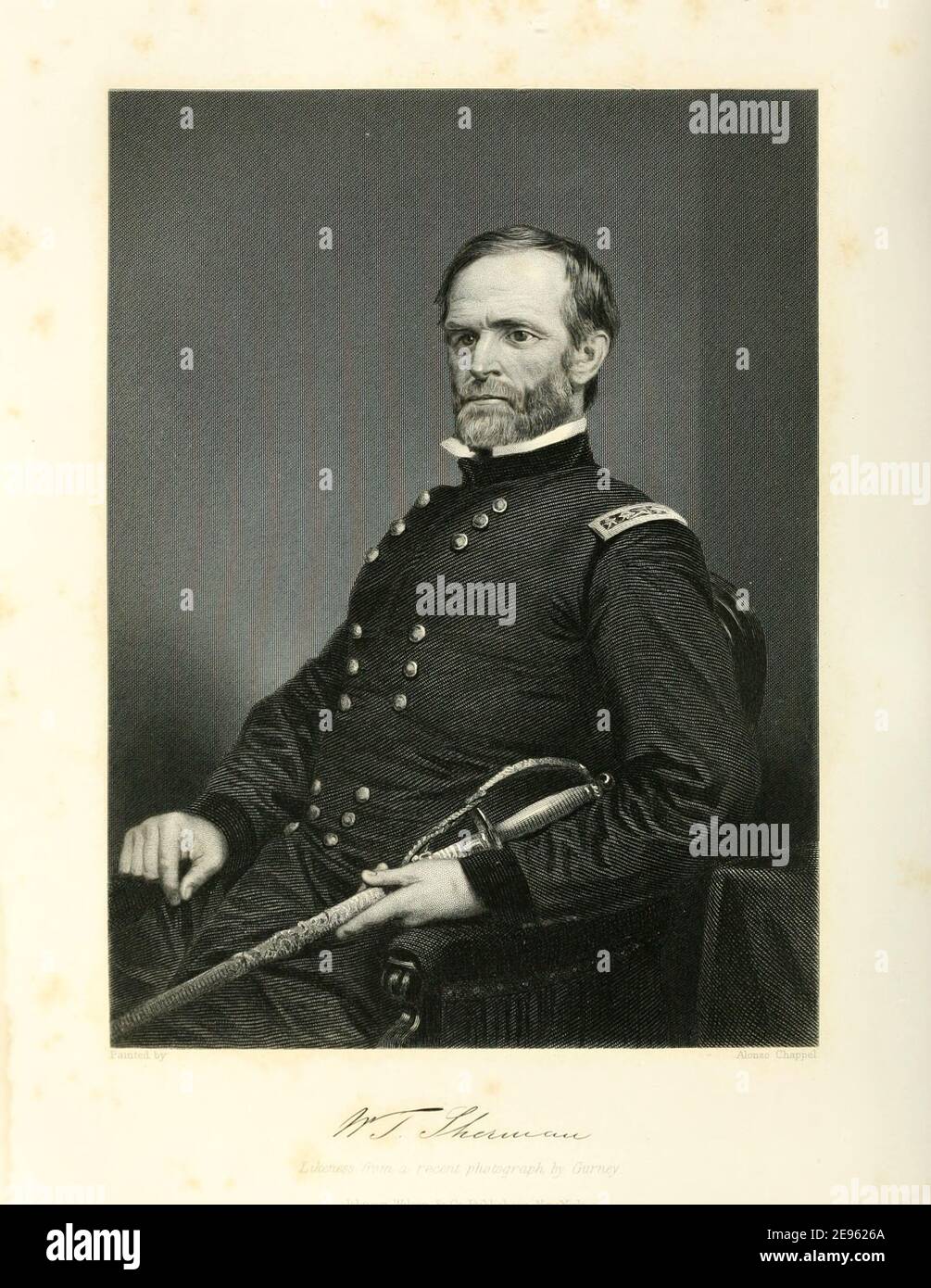 Eingraviertes Porträt nach einer Fotografie des amerikanischen Bürgerkriegsgenerals William Tecumseh Sherman (1820 - 1891), 1873. Fotografie von Jeremiah Gurney (1812 - 1895). Stockfoto
