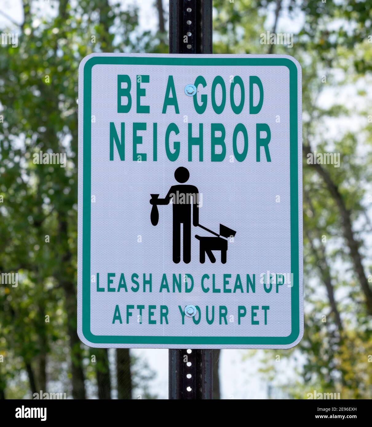 Melden Sie sich in Park, Silhouette von Hund Geher halten Tasche und leashed Hund, ein guter Nachbar Leash und aufräumen nach Ihrem Haustier. Stockfoto