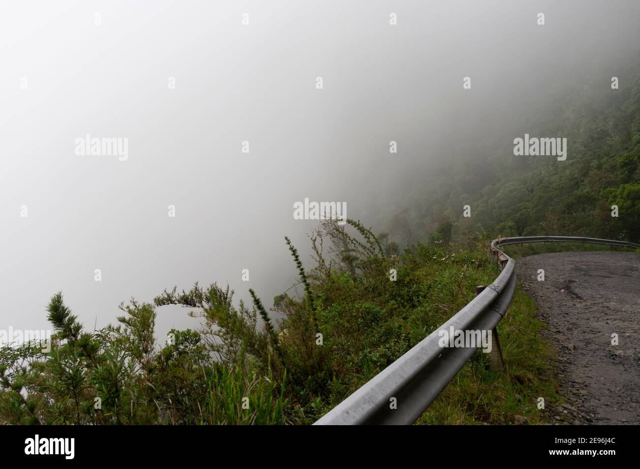 Bergstraße an einem nebligen Tag im brasilianischen Regenwald Stockfoto