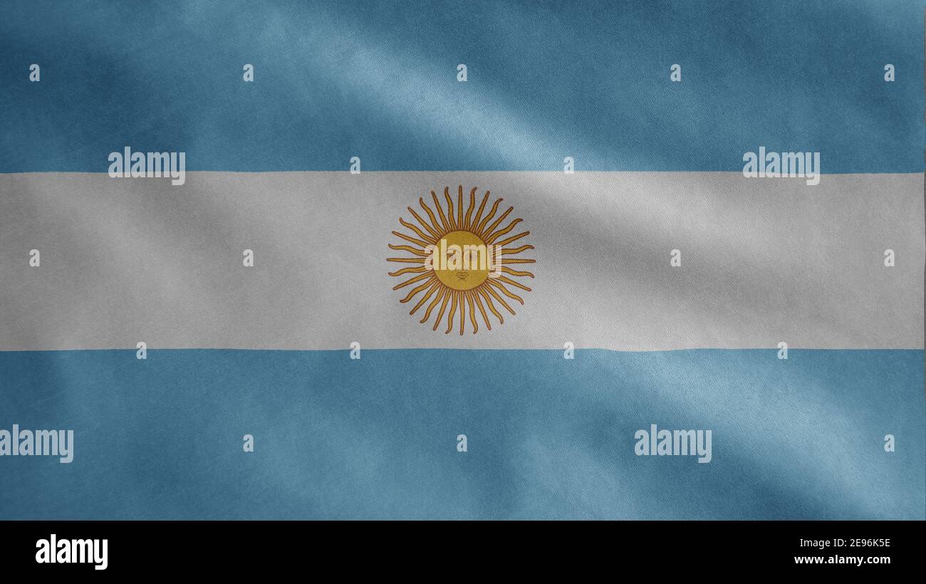 Argentinische Flagge winkt im Wind. Nahaufnahme des argentinischen Banners, weiche und glatte Seide. Stoff Stoff Textur Fähnrich Hintergrund. Verwenden Sie es für na Stockfoto