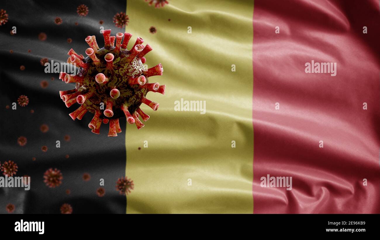 Belgische Flagge winkt mit Coronavirus Ausbruch infiziert Atemwege als gefährliche Grippe. Influenza Typ Covid 19 Virus mit nationalen Belgien banne Stockfoto