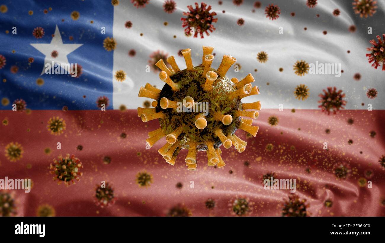 Chilenische Flagge winken und Coronavirus 2019 NCoV Konzept. Asiatischer Ausbruch in Chile, Coronaviren Influenza als gefährliche Grippesteimpffälle als Pandemie. M Stockfoto