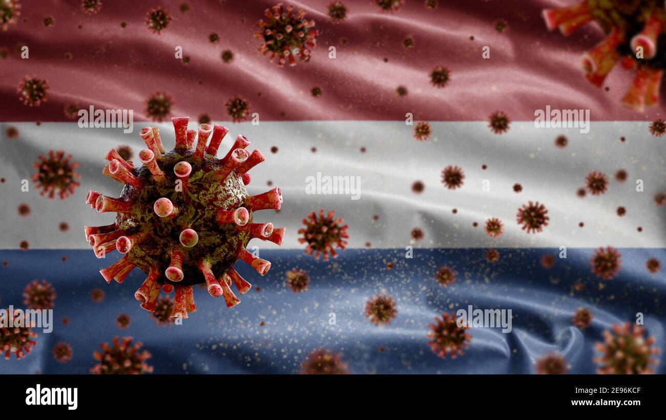 Grippecoronavirus schwimmt über der niederländischen Flagge, ein Erreger, der die Atemwege angreift. Niederlande Banner winken mit Pandemie von Covid19 Virus infe Stockfoto