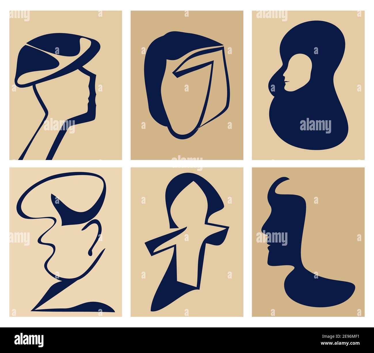 Surreal Faces Kollektion. Zeitgenössische Porträts für Design. Strichgrafiken. Isolierte Vektorflächen malen. Stock Vektor