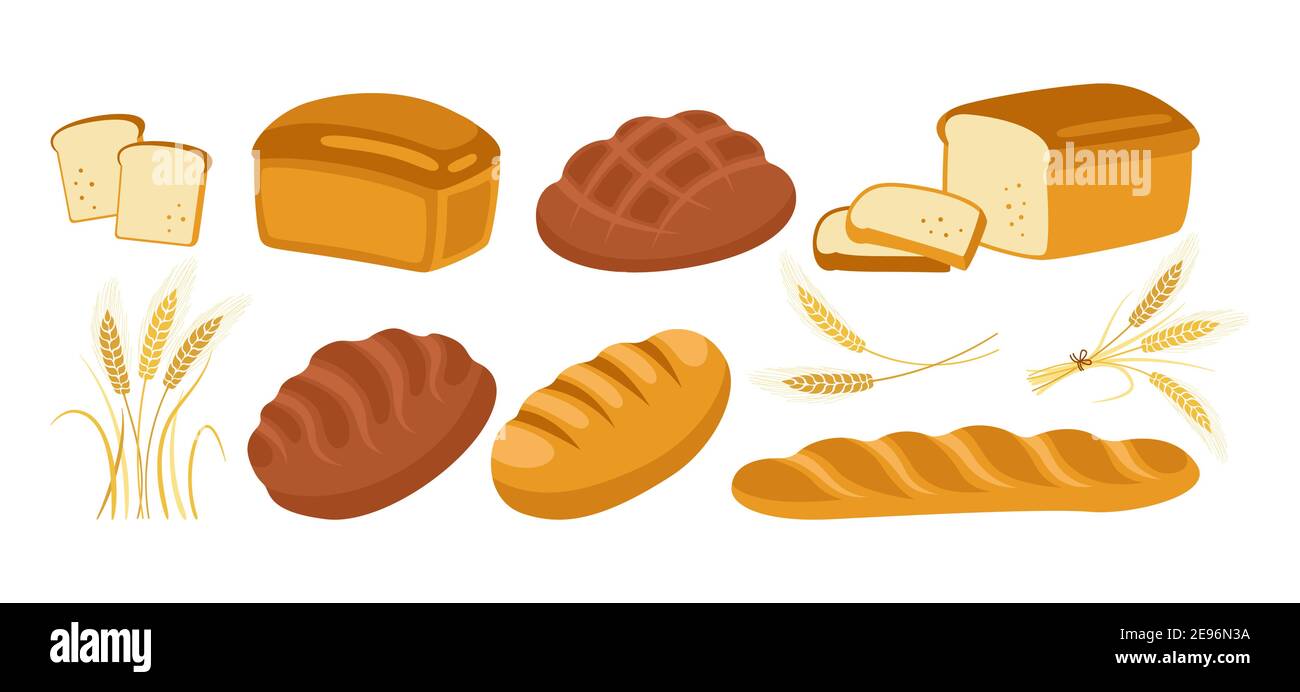 Brot Cartoon Icon Set. Backwaren Brot Laib und Ohren Weizen, und französisch Baguette, Brezel, Croissant, französisch Baguette Ciabatta. Design-Menü Bäckerei Gebäck Symbol. Symbol Moderne Vektorgrafik Stock Vektor