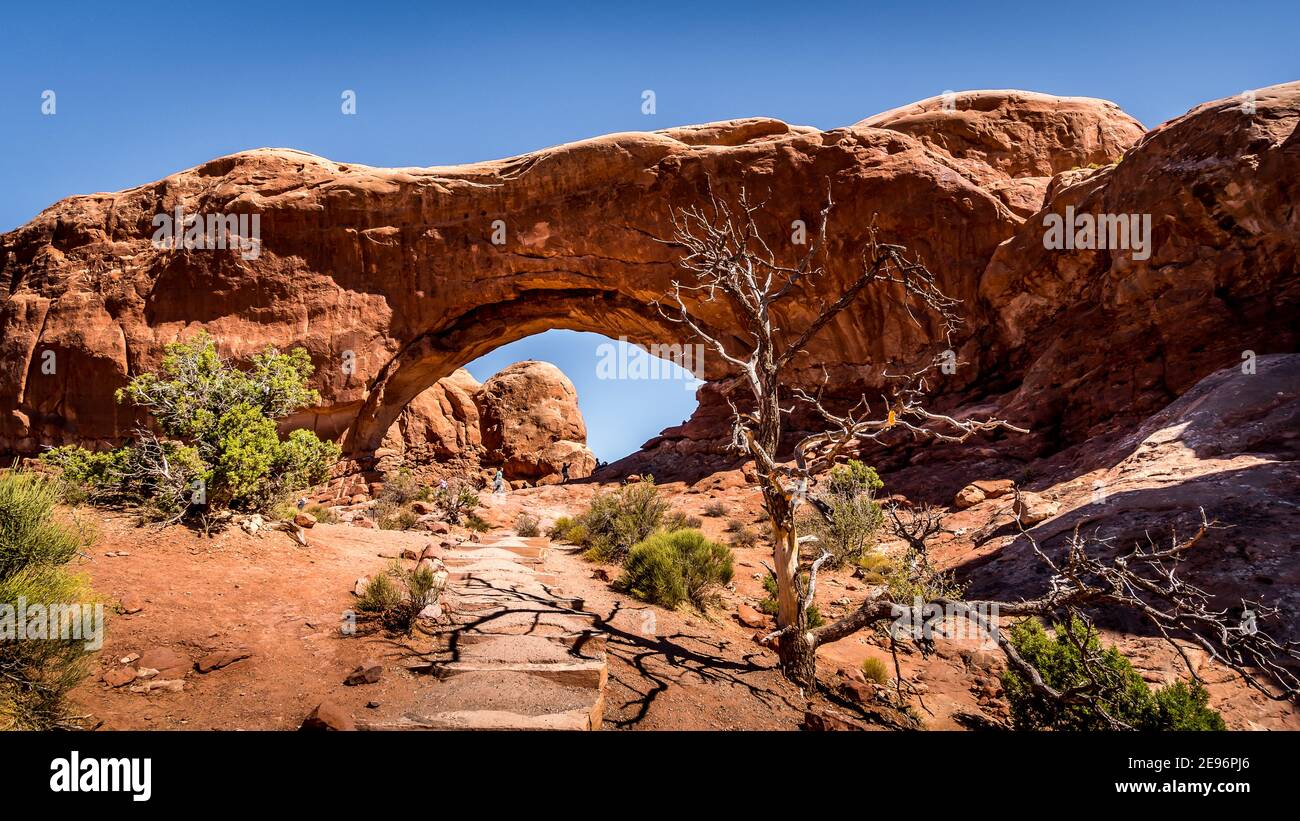 Der North Window Arch, eine der vielen großen Sandsteinbögen im Arches National Park, Utah, USA Stockfoto