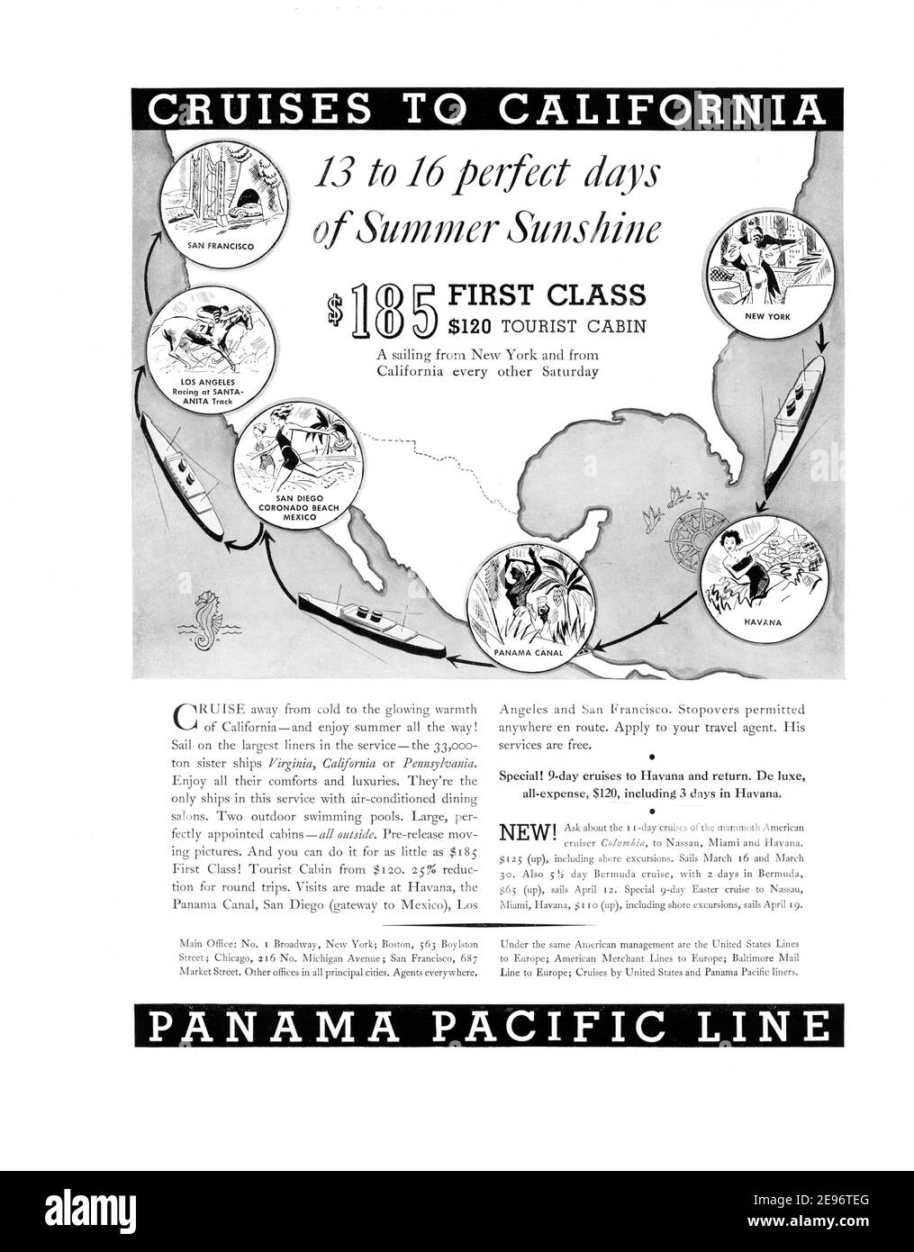 1935 Panama Pacific Line '13 bis 16 perfekte Tage des Sommersonnenscheins' Kreuzfahrten nach Kalifornien Werbung, retuschiert und wiederbelebt, A3+, 600dpi Stockfoto