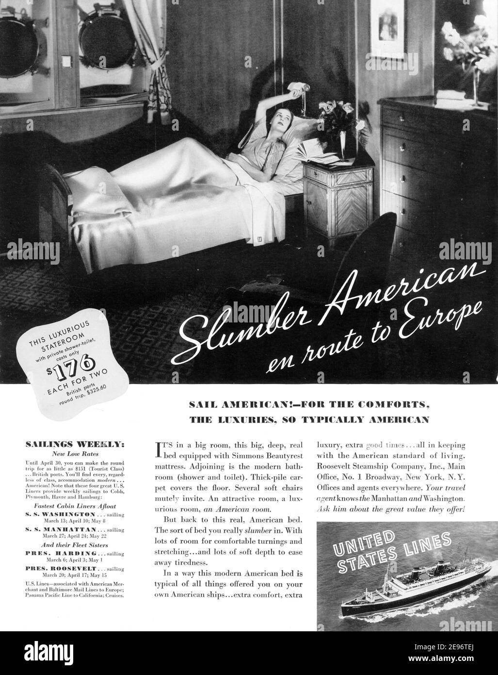 1935 United States Lines 'Slumber American en Route to Europe' Urlaubsanzeige, retuschiert und wiederbelebt, A3+, 600dpi Stockfoto